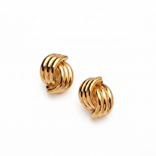 Amalfi Studs in waterproof PVD gold-plated stainless steel featuring an interwoven knot design with butterfly back fastening.