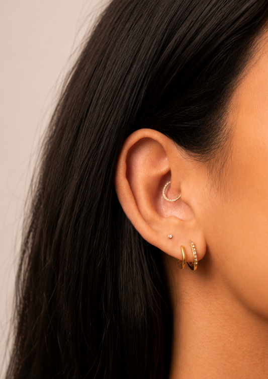 Anah Double Huggies in waterproof 18k PVD gold plated stainless steel – hypoallergenic huggie earrings UK