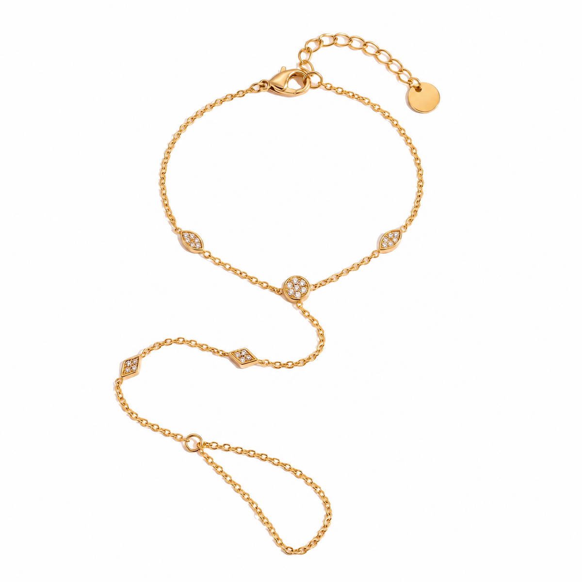 Esme Hand Chain in waterproof PVD gold-plated stainless steel with marquise, round and diamond-shaped cubic zirconia pavé stations, chain finger loop and adjustable lobster clasp.