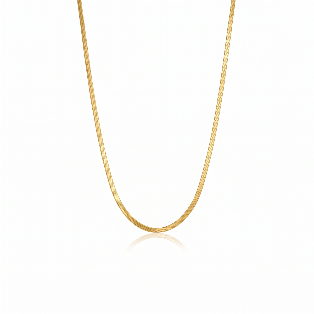 Delicate gold snake chain necklace in waterproof stainless steel, slim flat 2.3mm chain on a white background
