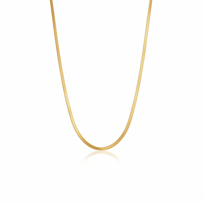Delicate gold snake chain necklace in waterproof stainless steel, slim flat 2.3mm chain on a white background