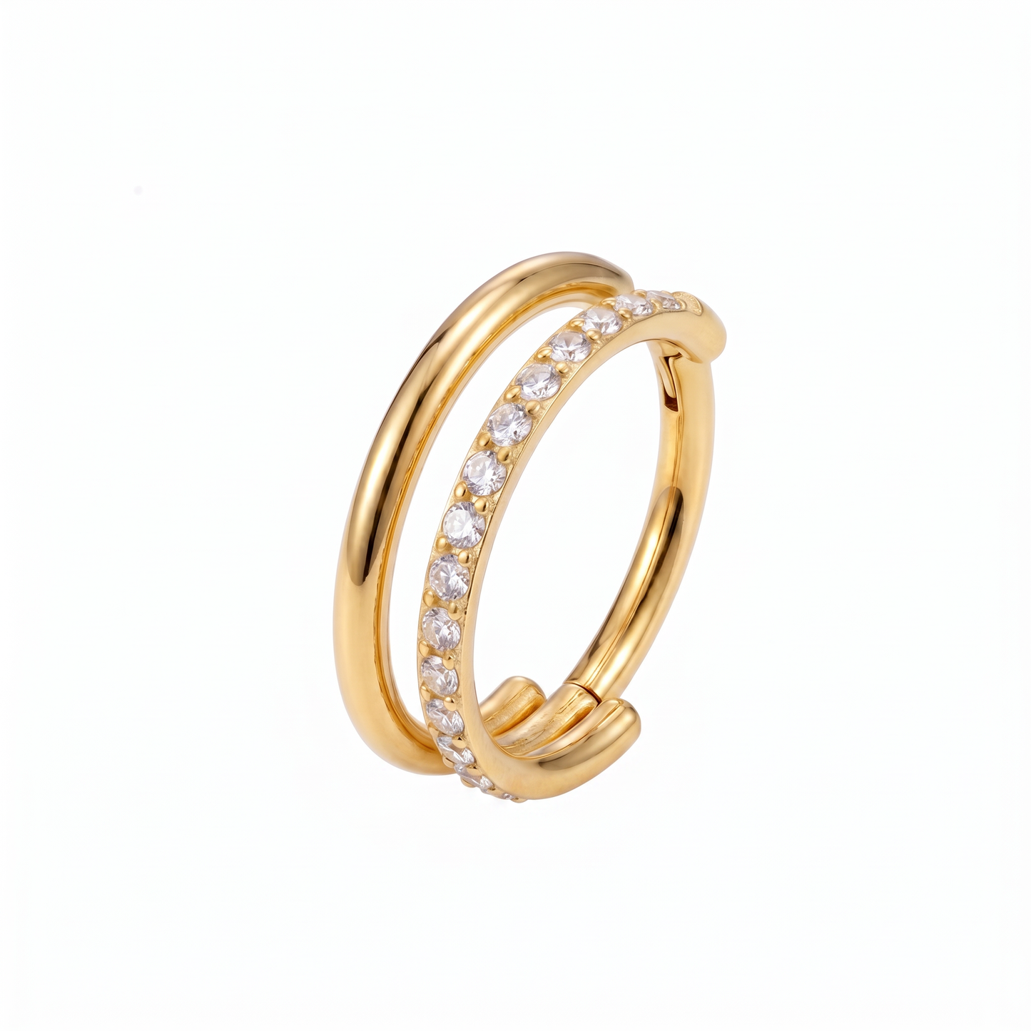 Soleil Conch Hoop in gold PVD-plated surgical steel featuring a double-hoop design with pavé cubic zirconia stones and a hinged clicker closure.