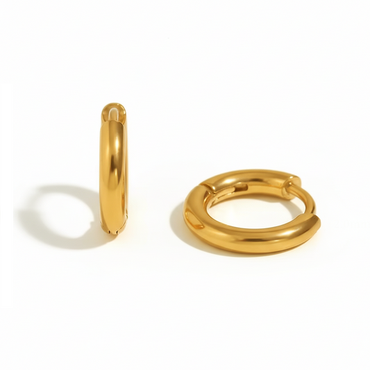Tulum Huggies 10mm in waterproof 18k PVD gold plated stainless steel – hypoallergenic huggie earrings UK