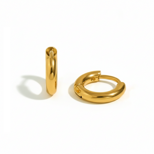 Tulum Huggies 8mm in waterproof 18k PVD gold plated stainless steel – hypoallergenic huggie earrings UK