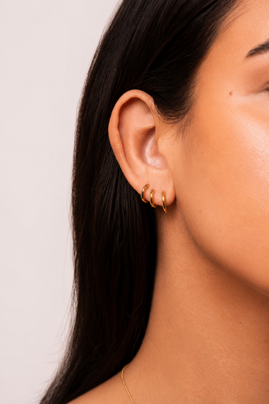 Tulum Huggies 8mm in waterproof 18k PVD gold plated stainless steel – hypoallergenic huggie earrings UK